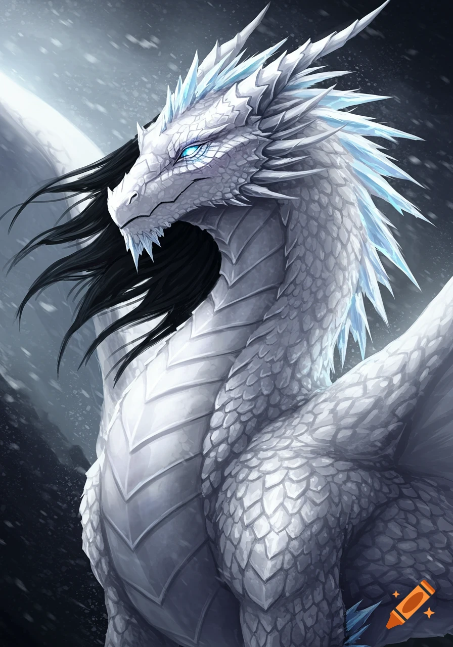 A white and silver dragon with ice blue eyes, black mane, and ice spikes on its neck and head, in a snowy setting.