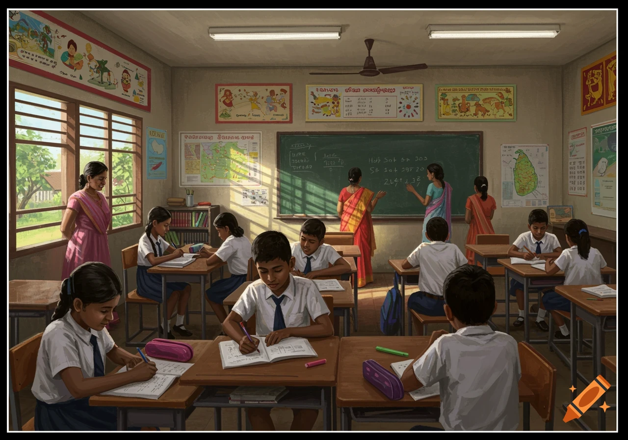 Students and teachers in a Sri Lankan school classroom.
