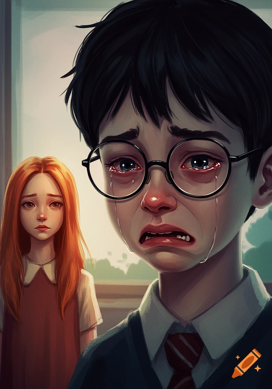 A portrait of a crying boy in glasses with a red-haired girl standing behind him.