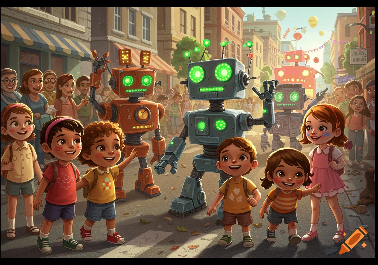 Children and robots watch a parade on a city street.