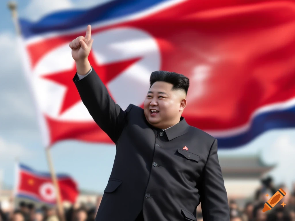 Kim Jong Un raises his hand in front of a North Korean flag