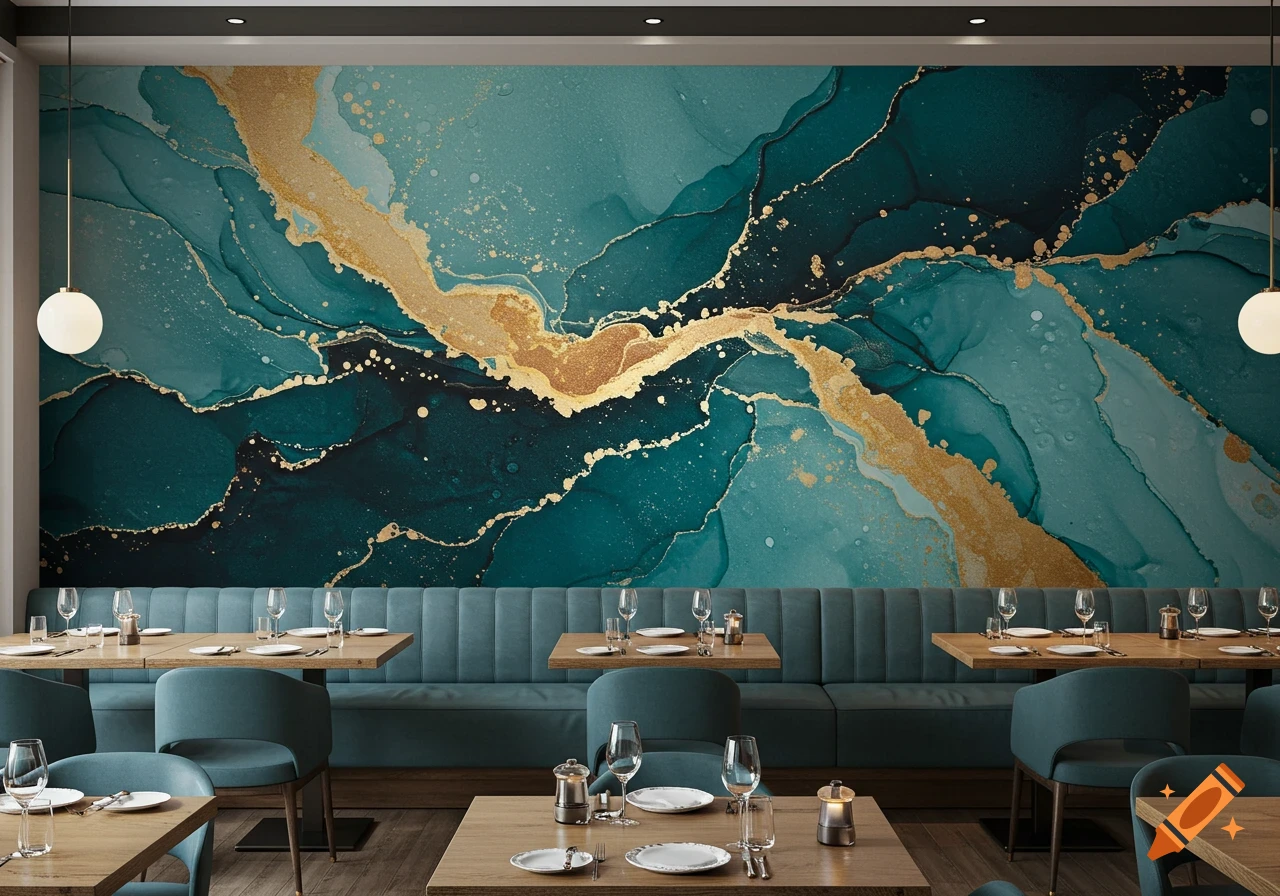Restaurant interior with teal and gold abstract wall art above a booth and dining tables.