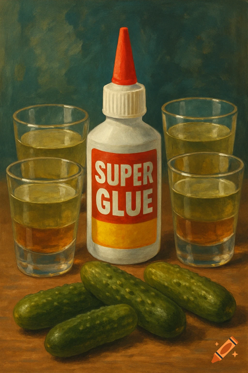 A painting of a bottle of Super Glue surrounded by glasses of liquid and pickles.