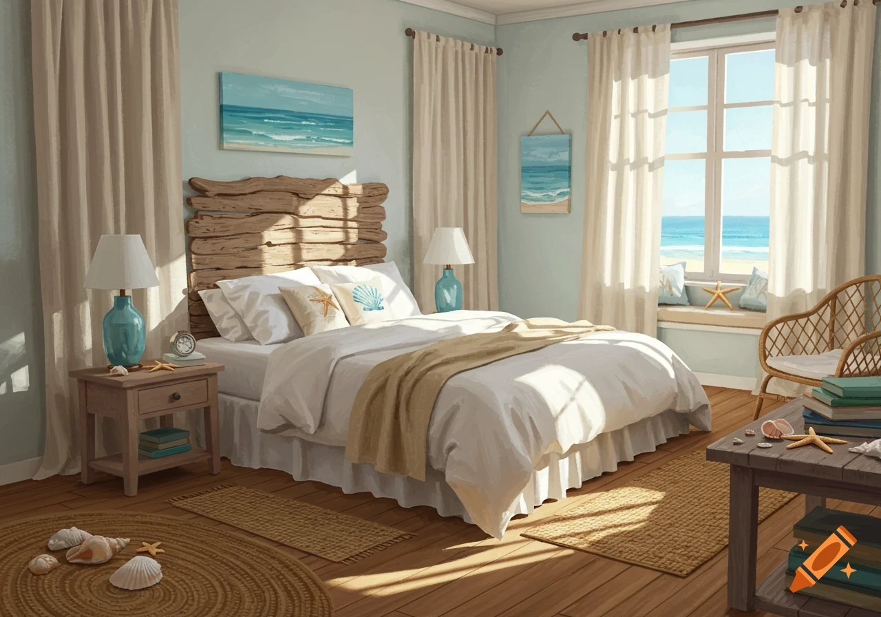 A bright, beach-themed bedroom with a bed, furniture, and a large window overlooking the ocean