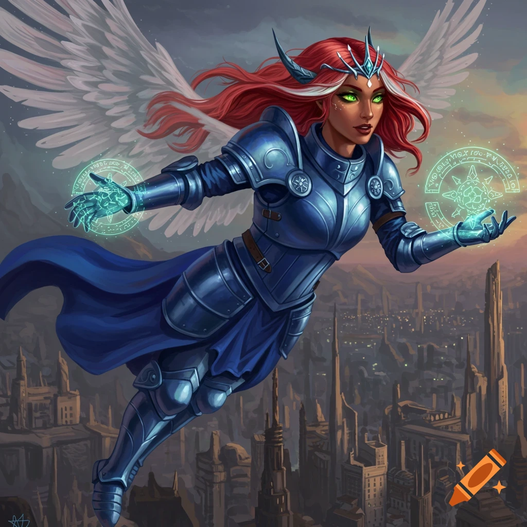 A red-haired warrior with white wings and glowing hands flies over a city in blue armor.