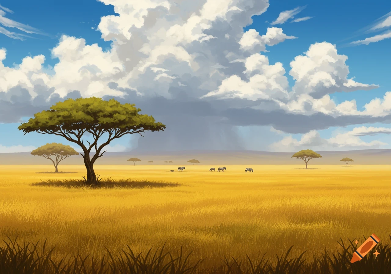 An African savannah landscape with acacia trees, zebras, and stormy clouds.