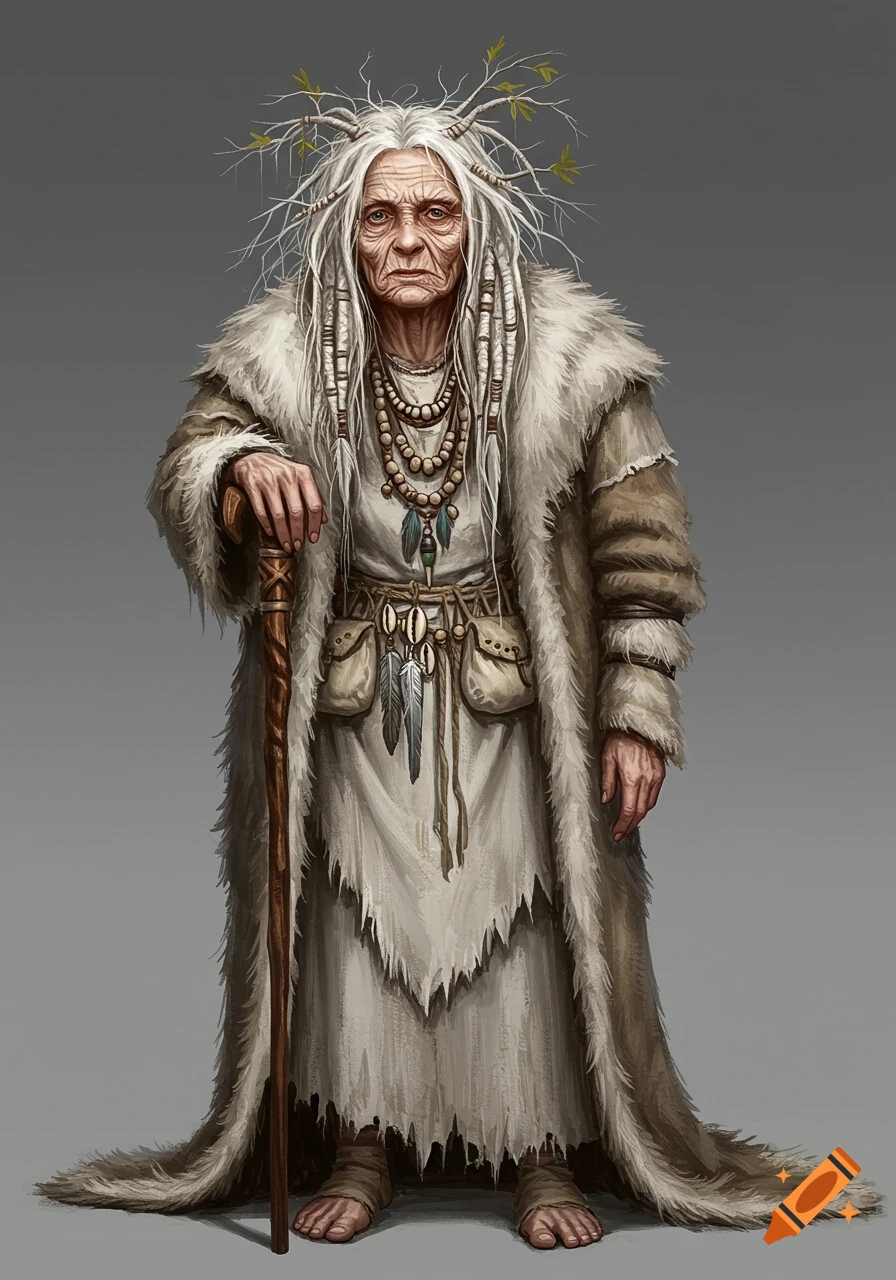 An old woman with long white hair, tribal clothing, and staff.