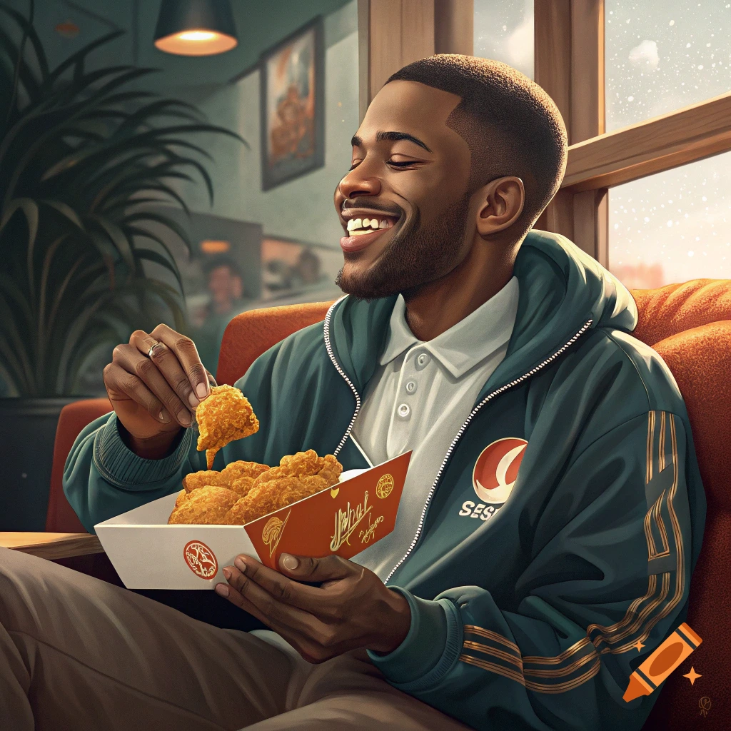 A young man sits on a couch, smiling and eating fried chicken from a box.