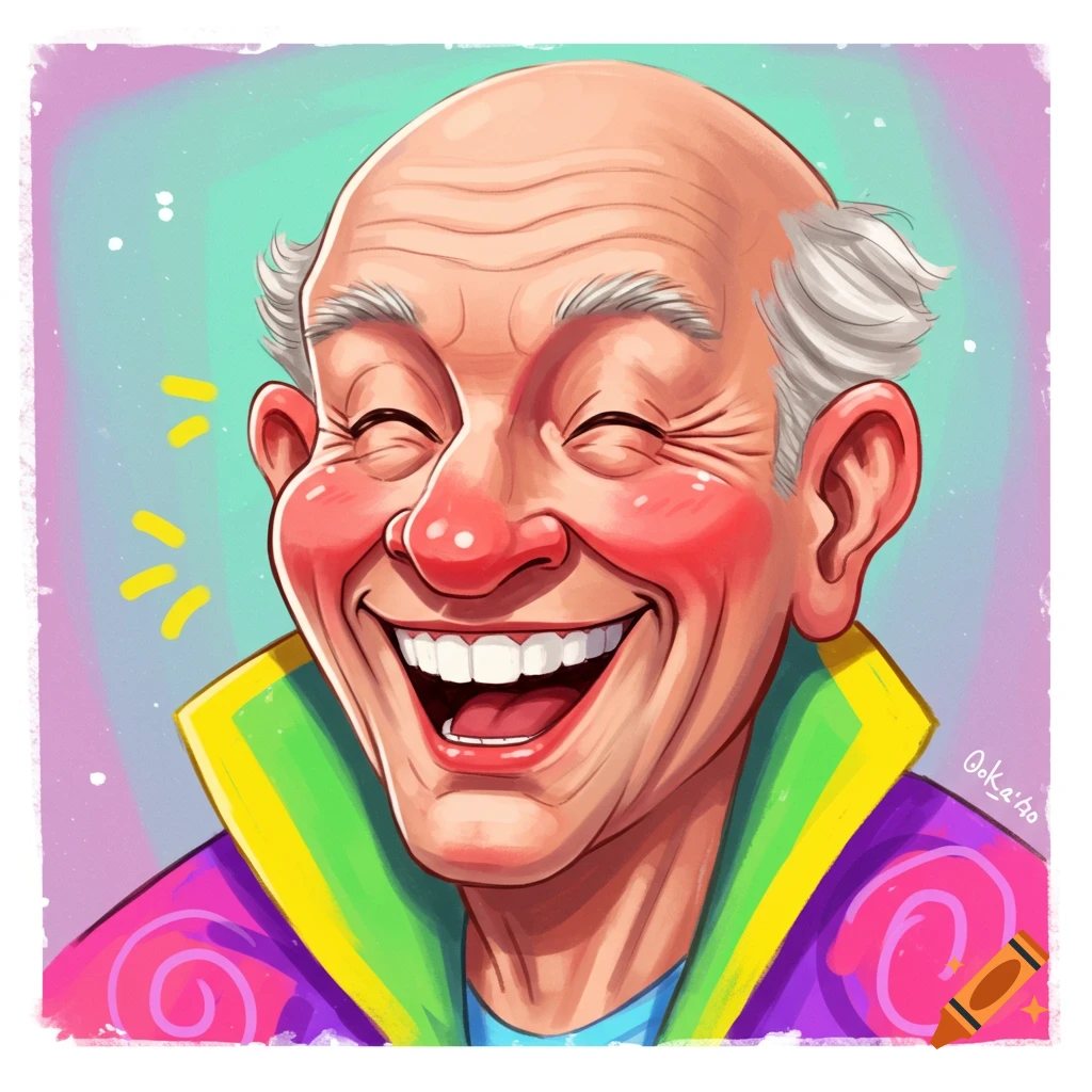 A cartoony depiction of an old bald man with a big laugh, wearing a colorful jacket.