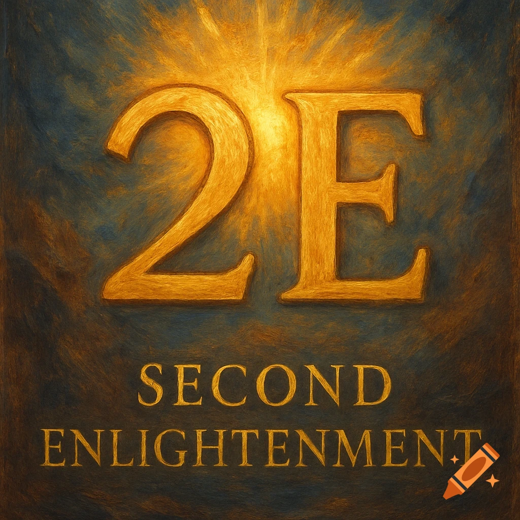 Golden 2E above text Second Enlightenment on a textured background.
