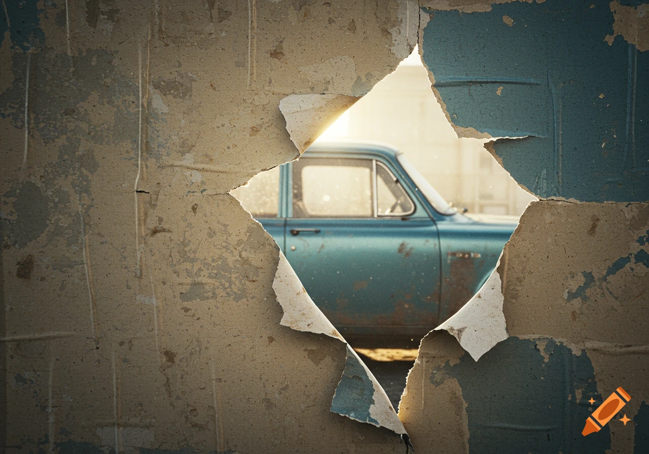 Weathered peeling wall revealing a vintage blue car behind it.