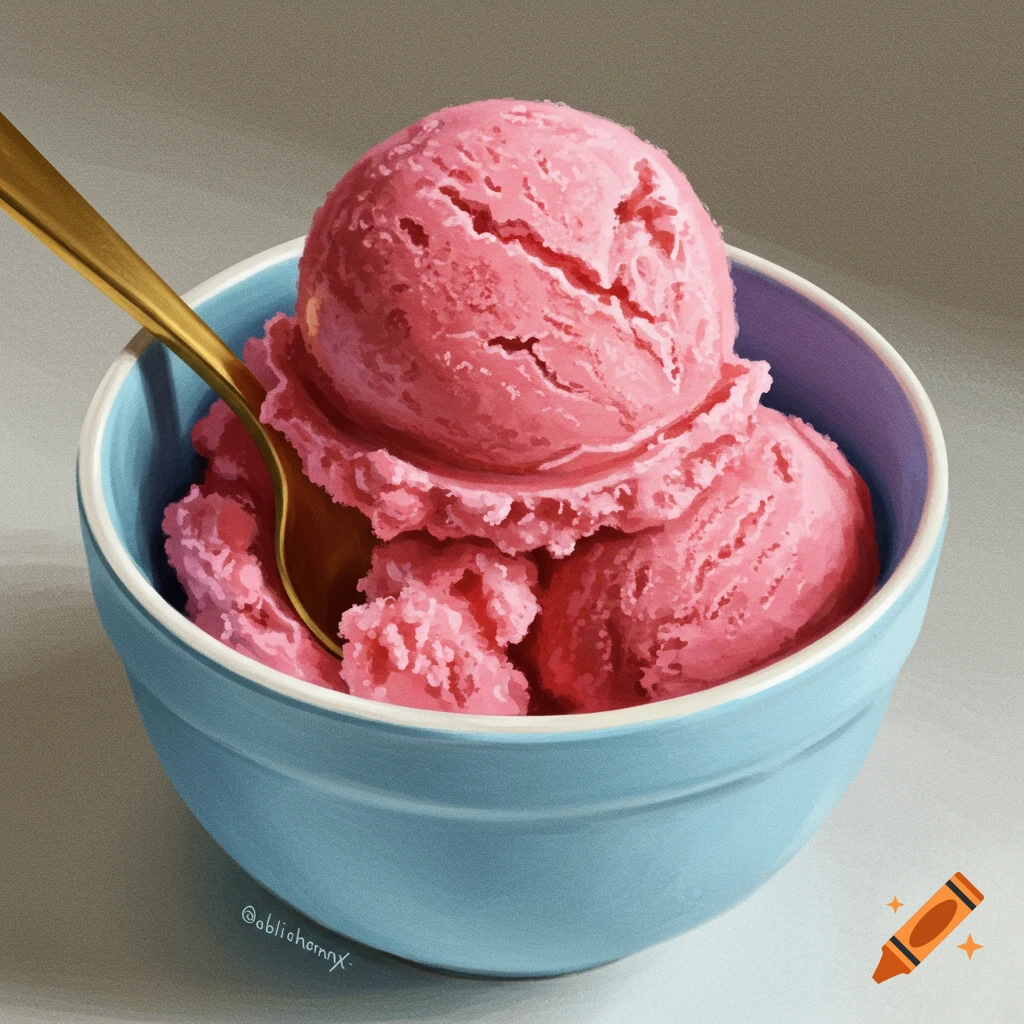 A bowl of pink ice cream with a gold spoon.