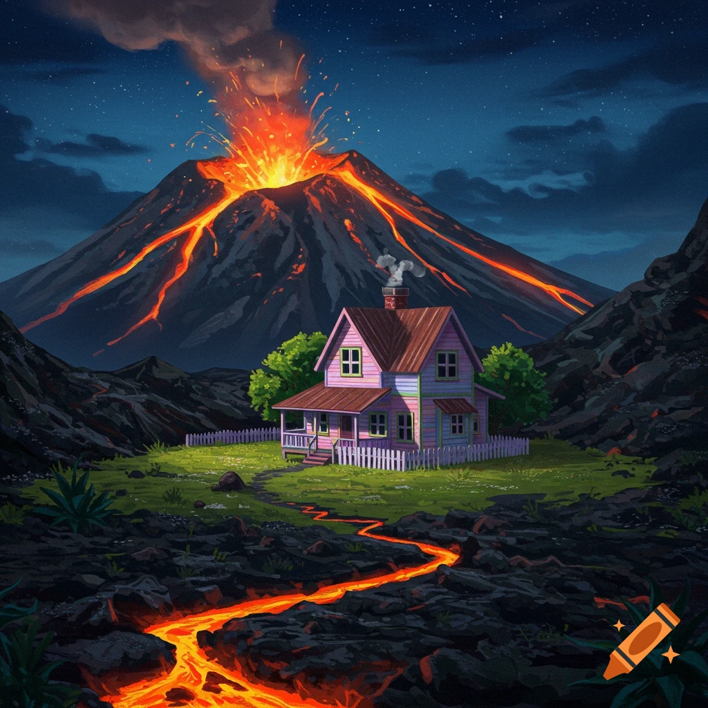 A pink house stands near a violently erupting volcano with lava flowing in the foreground at night.