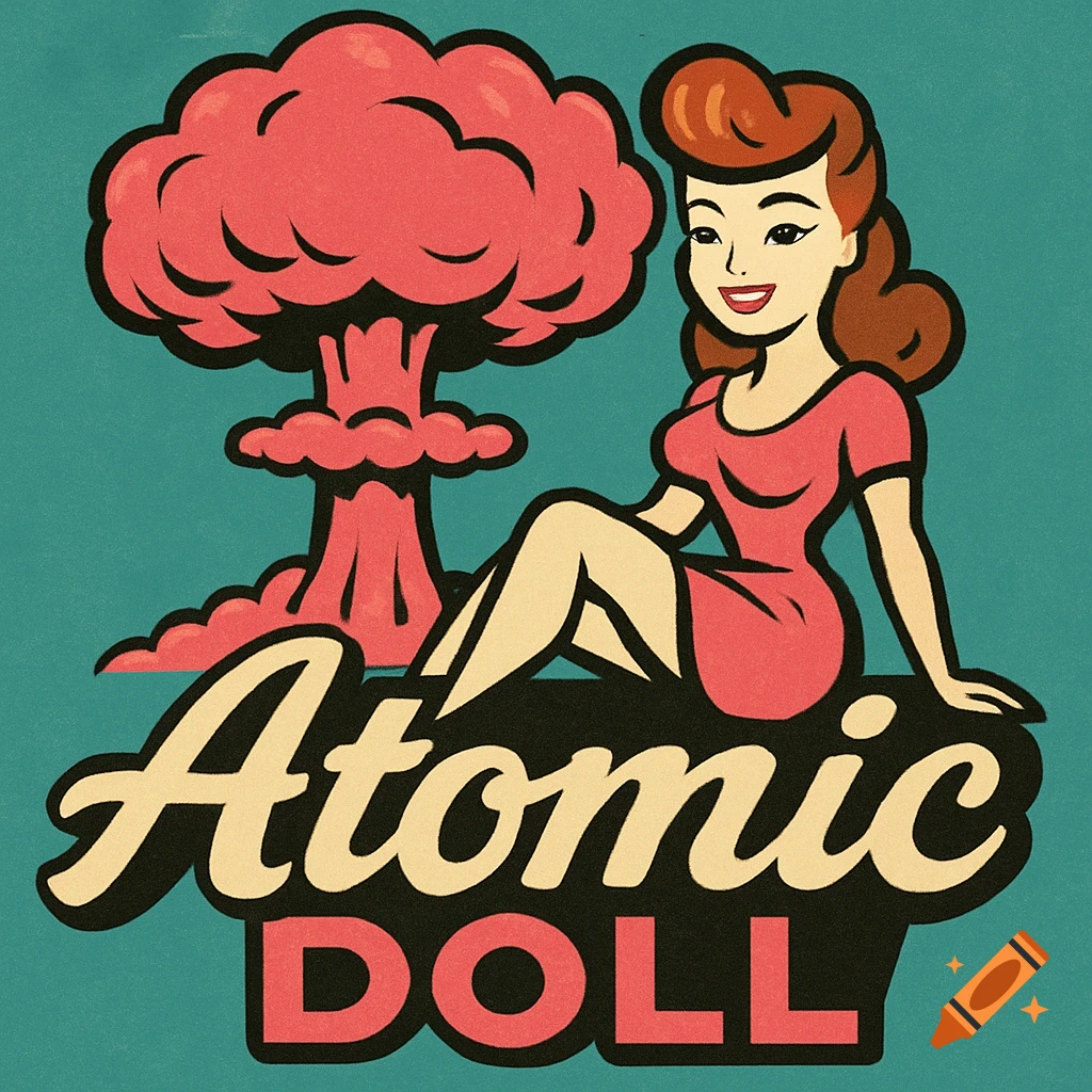 A retro illustration of a pin-up woman next to a pink nuclear mushroom cloud, with text "Atomic Doll".