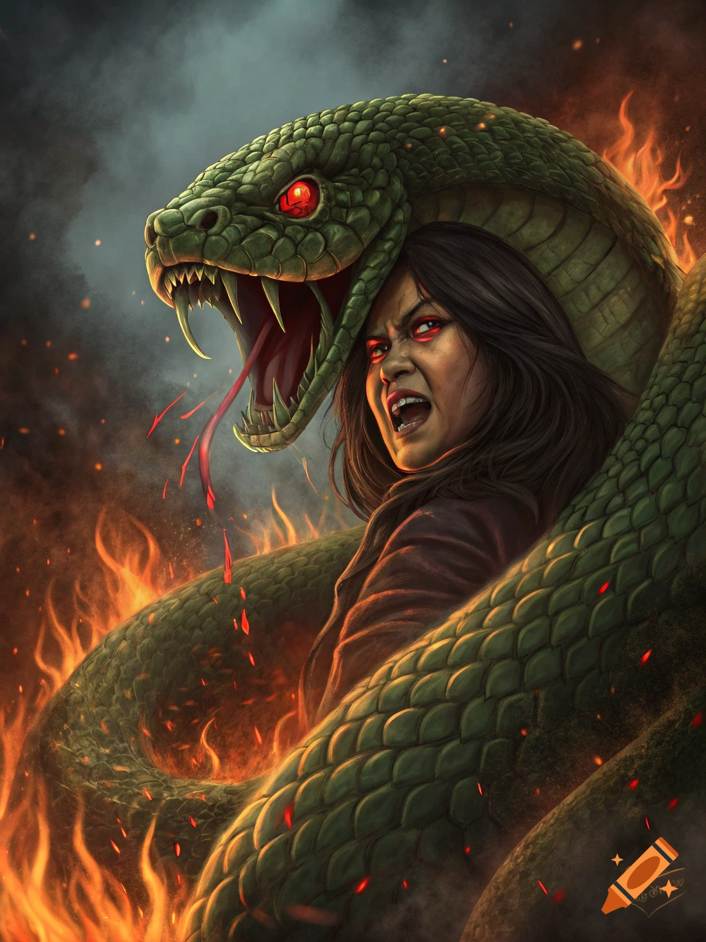 A terrified woman is ensnared by a giant green snake with glowing red eyes, surrounded by fire.