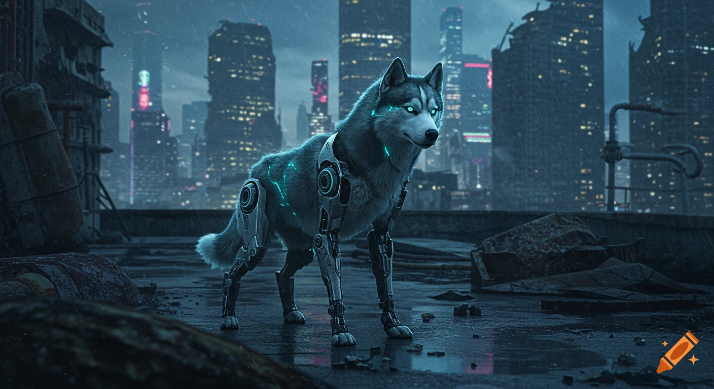 A cybernetic husky stands on a rainy rooftop overlooking a dystopian city at night.