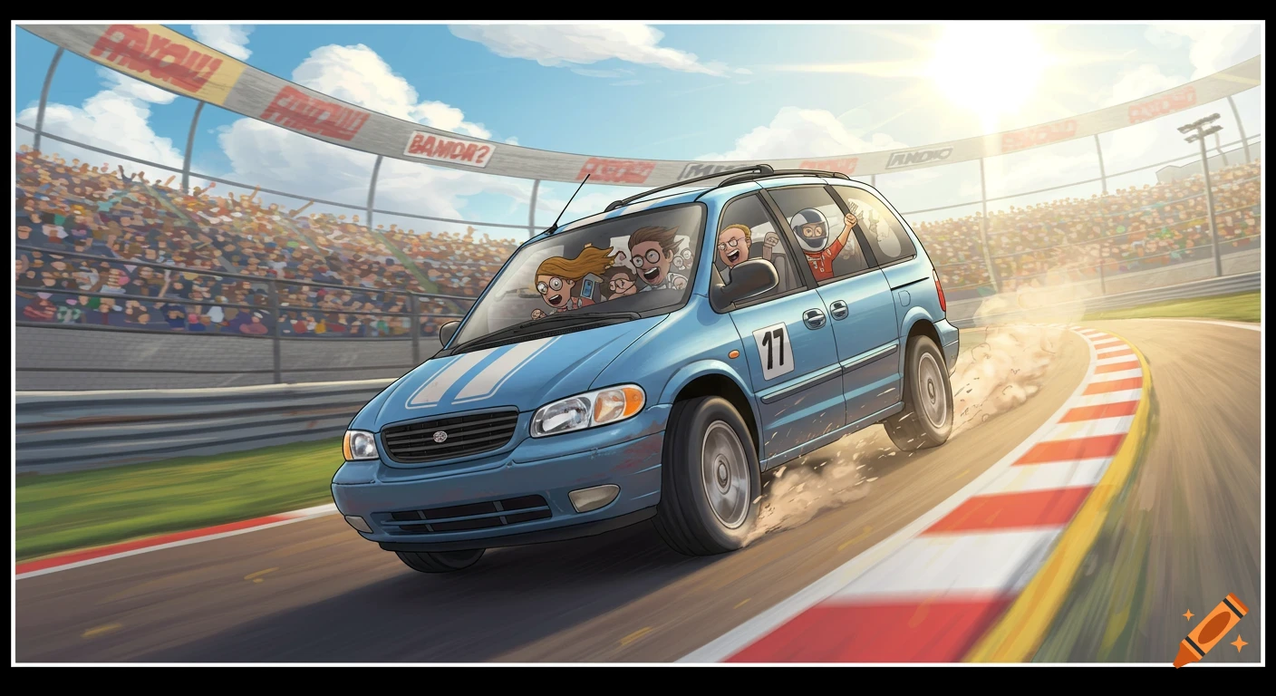 Cartoon illustration of a family in a blue minivan racing on a track.