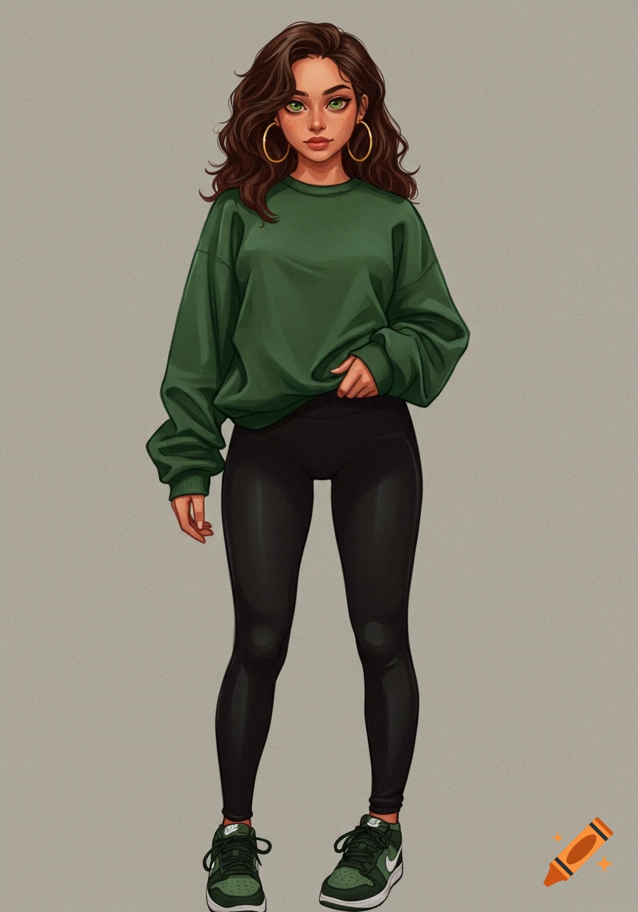 a woman with green eyes and brown wavy hair wearing a green sweatshirt, black leggings, and sneakers.