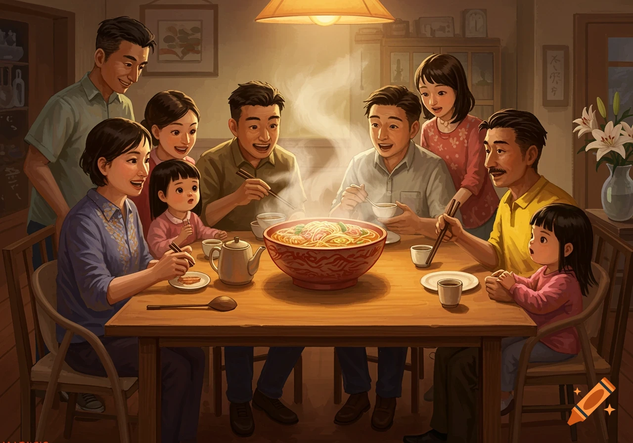 A happy family eating a large bowl of steaming noodles around a table.