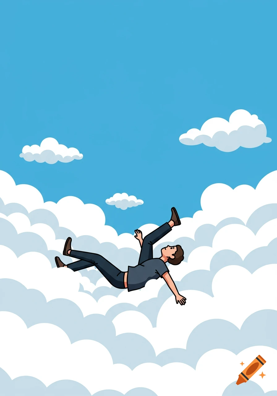 Vector graphic of a person falling face up through clouds.