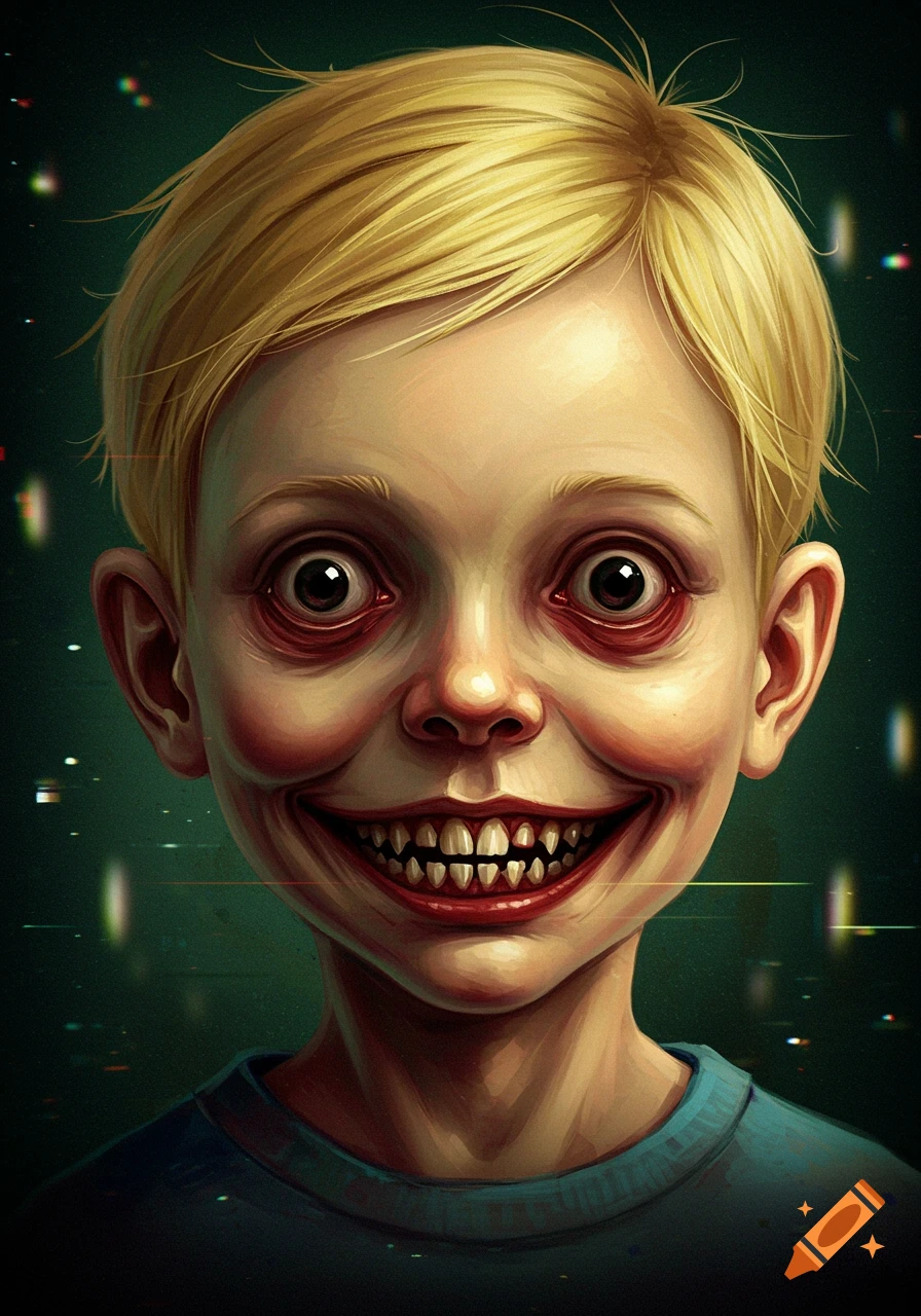 A disturbing image of a boy with distorted features, wide eyes, and a grotesque grin with sharp teeth, in analog horror style.