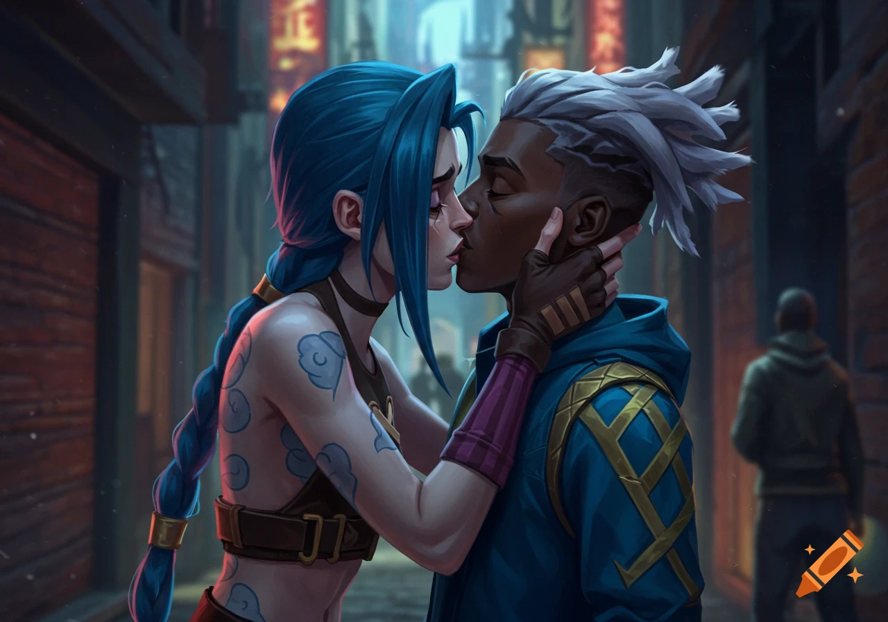Illustration of Jinx and Ekko from Arcane kissing in an alley.
