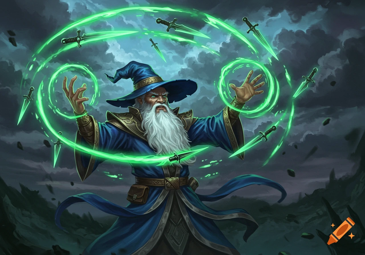 A wizard conjures flying daggers and green magic.