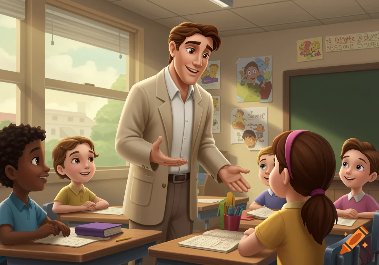A male teacher smiles and gestures towards a group of diverse students listening in a bright, cartoon classroom.