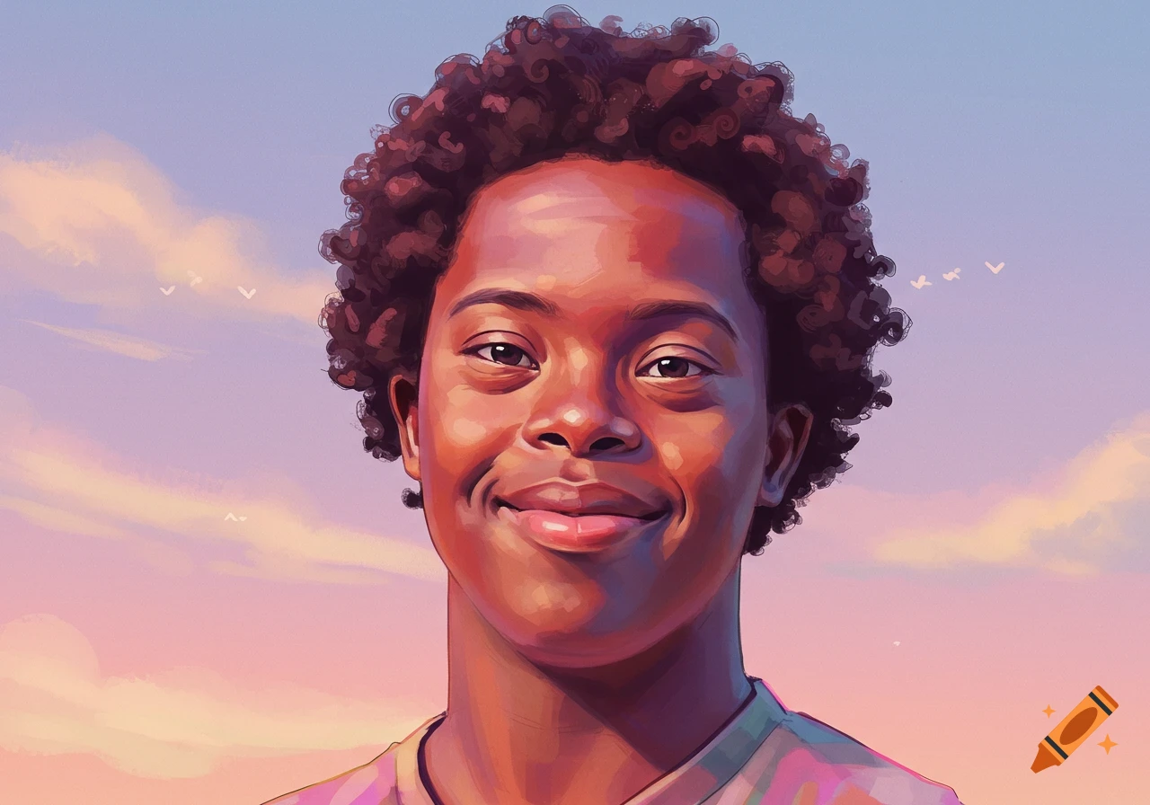 A smiling young person with curly hair against a sky background.