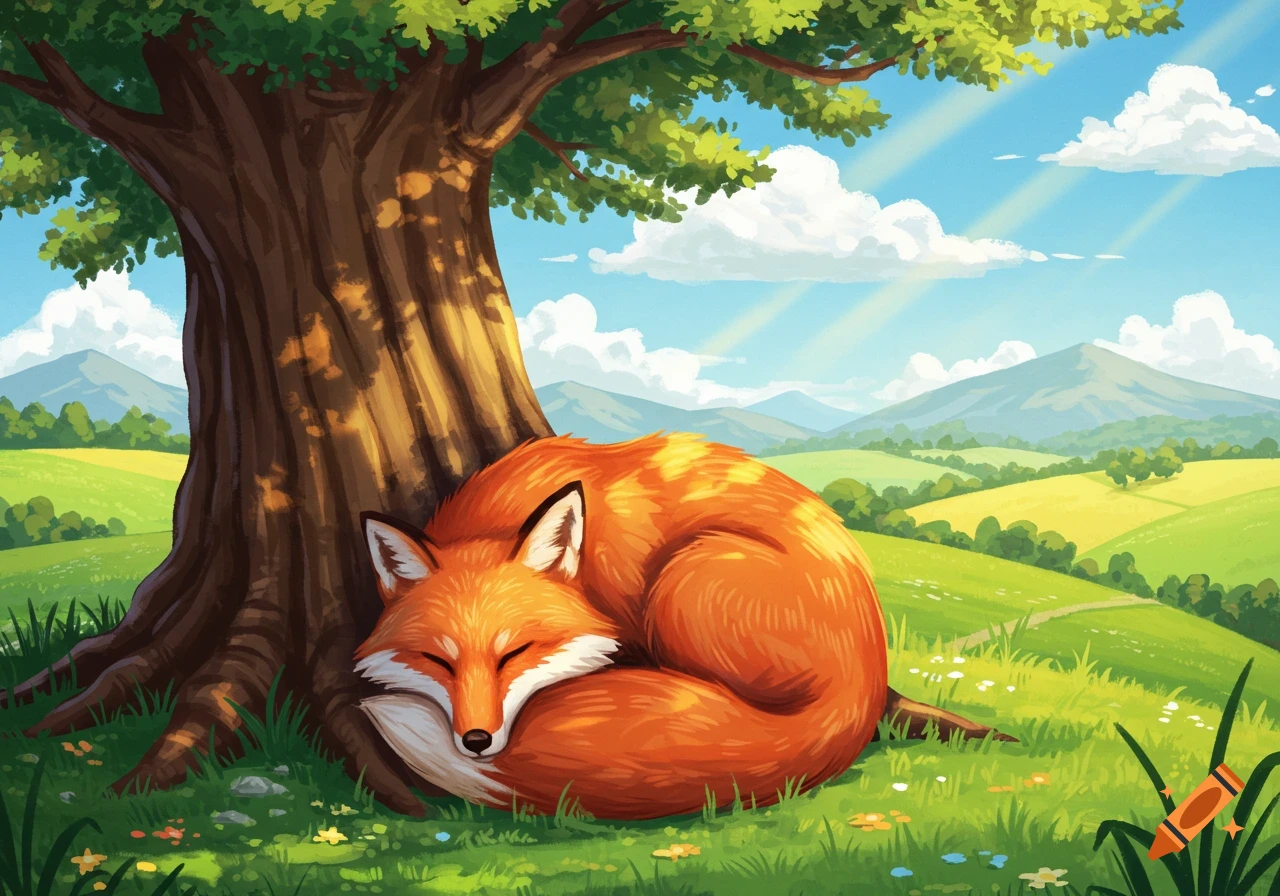 A sleeping fox curled up at the base of a large tree in a sunny landscape.