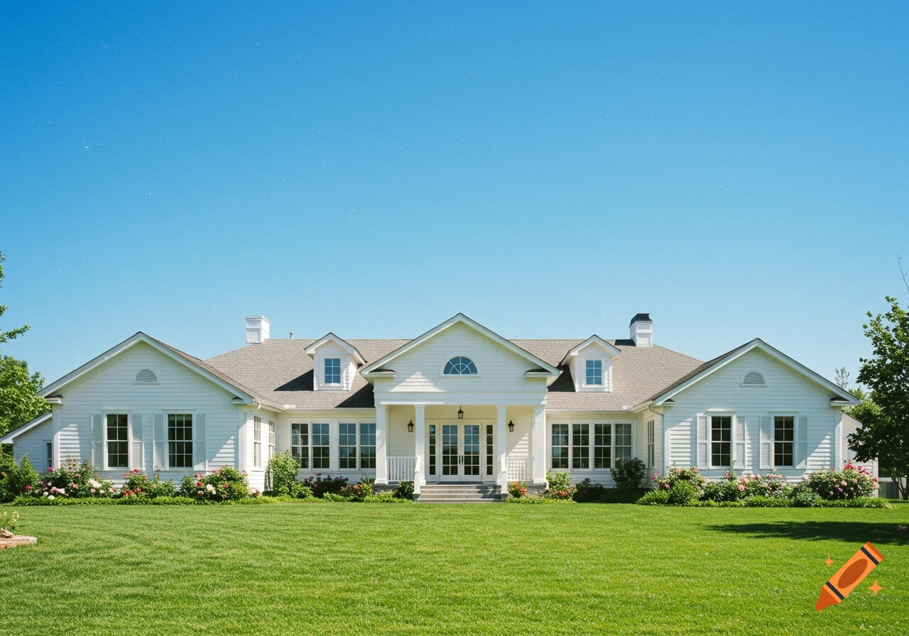 A large white house with a white porch sits on a green lawn under a clear blue sky.