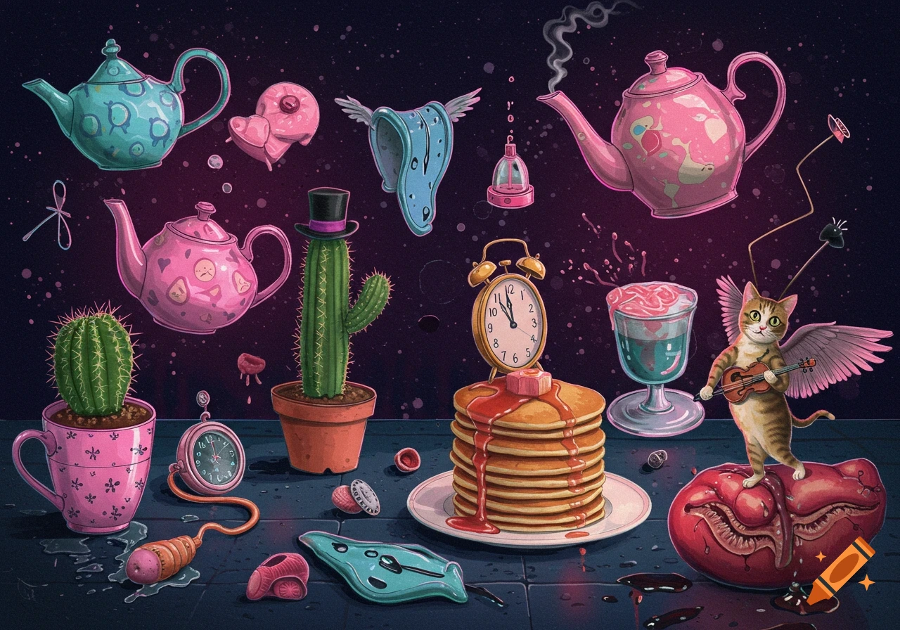 Surreal still life with floating teapots, melting clocks, cacti, pancakes, and a winged cat playing violin.