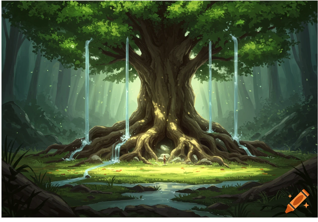 A giant tree stands in a forest, with water flowing from its roots.