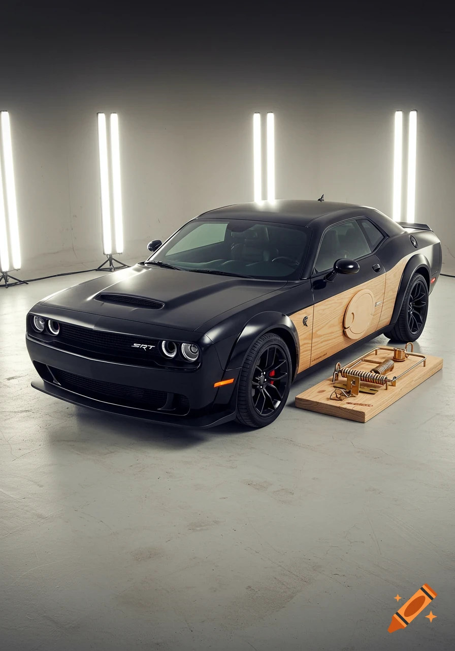 A black Dodge Challenger modified to resemble a large mousetrap, sitting on a wooden base in a studio.