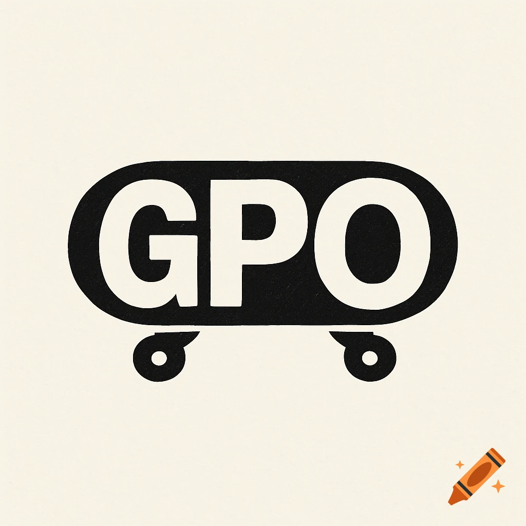 Black and white GPO logo on a skateboard shape