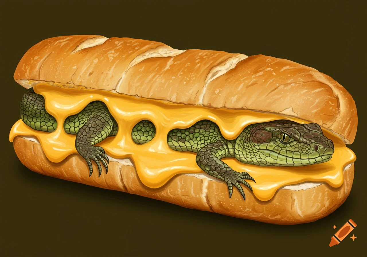 A green reptile creature, possibly a lizard or snake, emerging from a long sandwich roll filled with melted cheese.