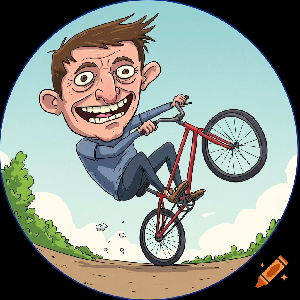 Cartoon man with oversized head doing a wheelie on a bike.