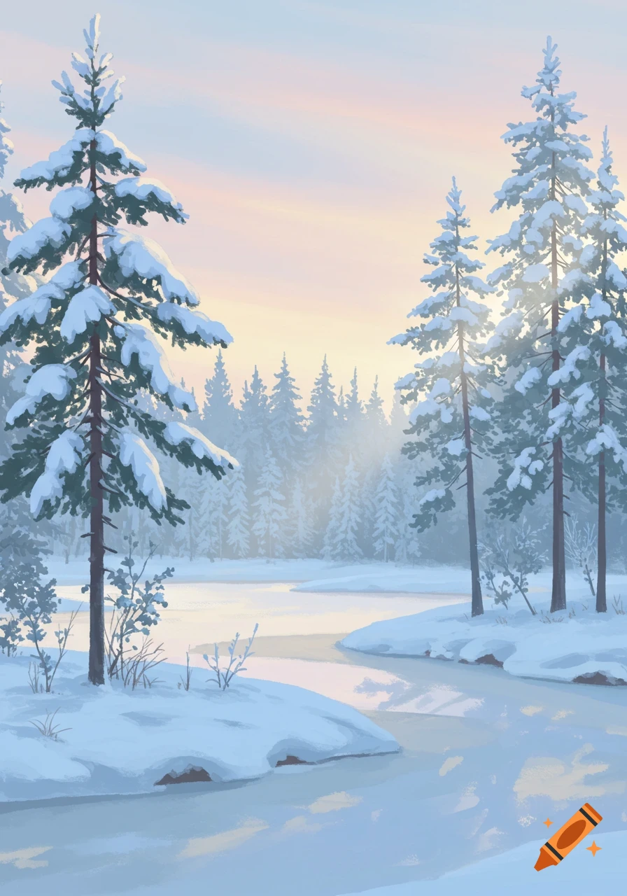 A snowy forest with pine trees and a frozen river under a pale sky.
