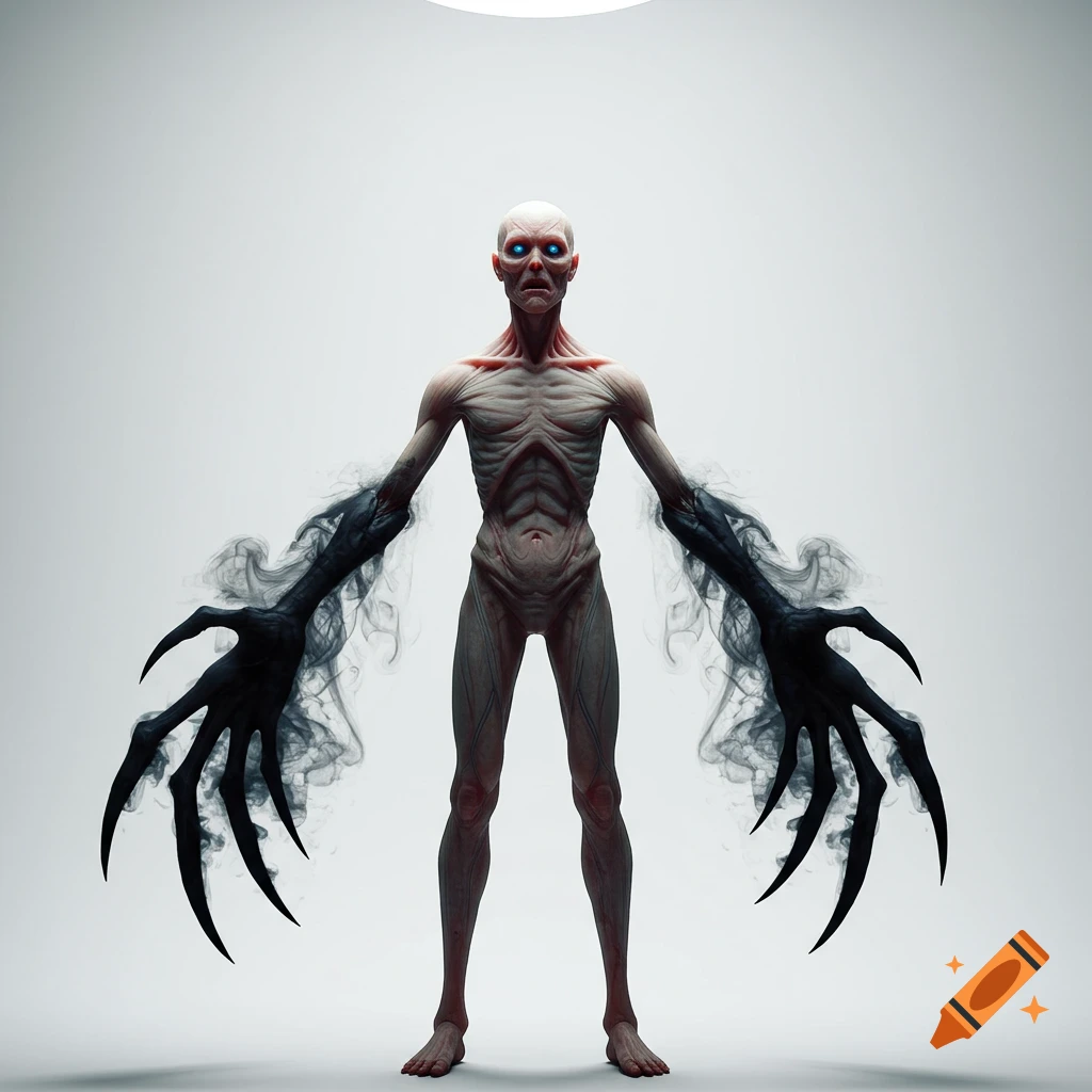 Photorealistic humanoid creature with black smoke claws on a white background.