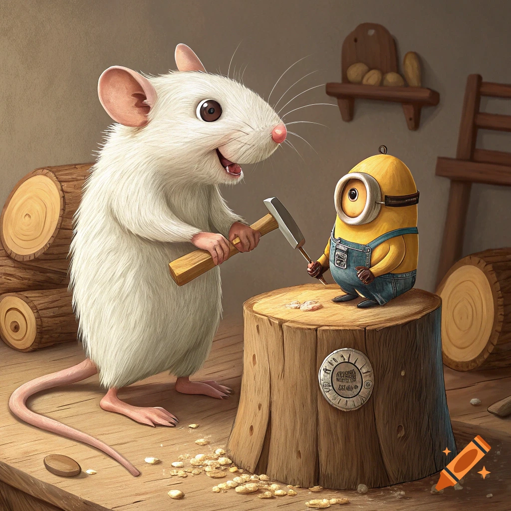 Cartoon mouse and Minion carving wood on a stump with a hammer and chisel.