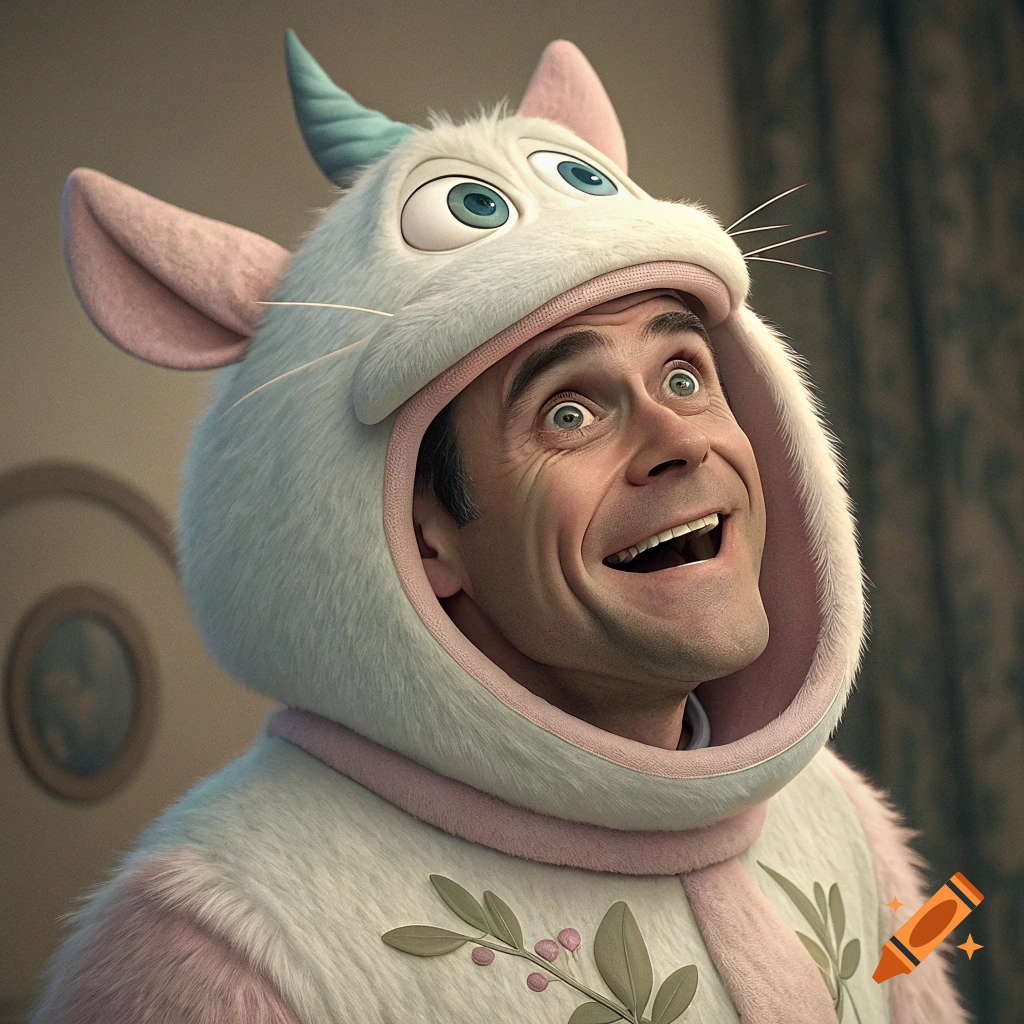 A man in a fluffy white and pink cartoon animal costume smiles widely.