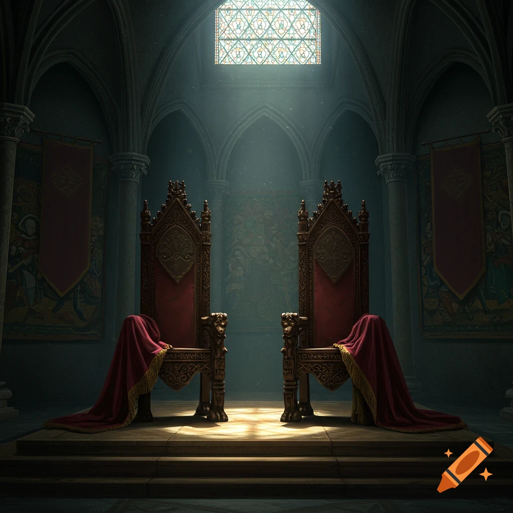 Two ornate thrones sit empty in a grand, sunlit hall under a large stained glass window.