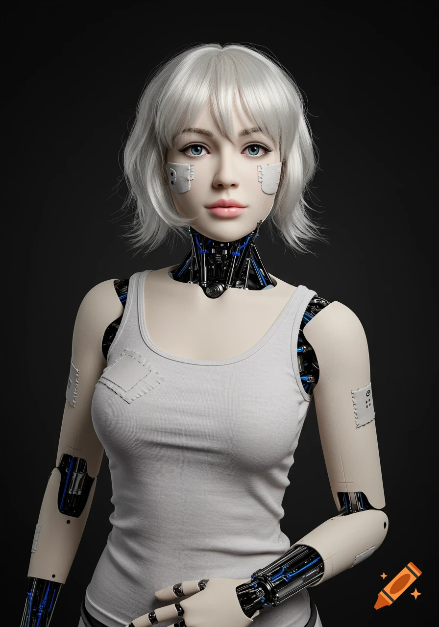 A humanoid robot with white hair and blue eyes wears a tank top, showing exposed mechanics.