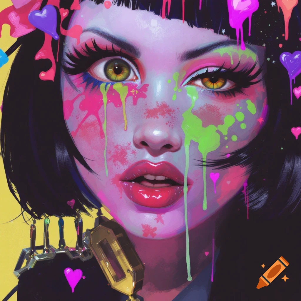 Close-up portrait with colorful paint drips and hearts
