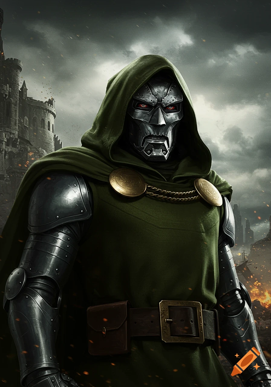 Doctor Doom in armor and hood with a ruined castle background
