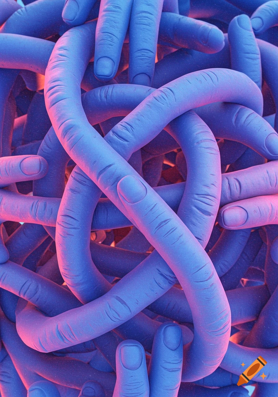 A close-up abstract image of tangled finger-like shapes illuminated in blue and pink.