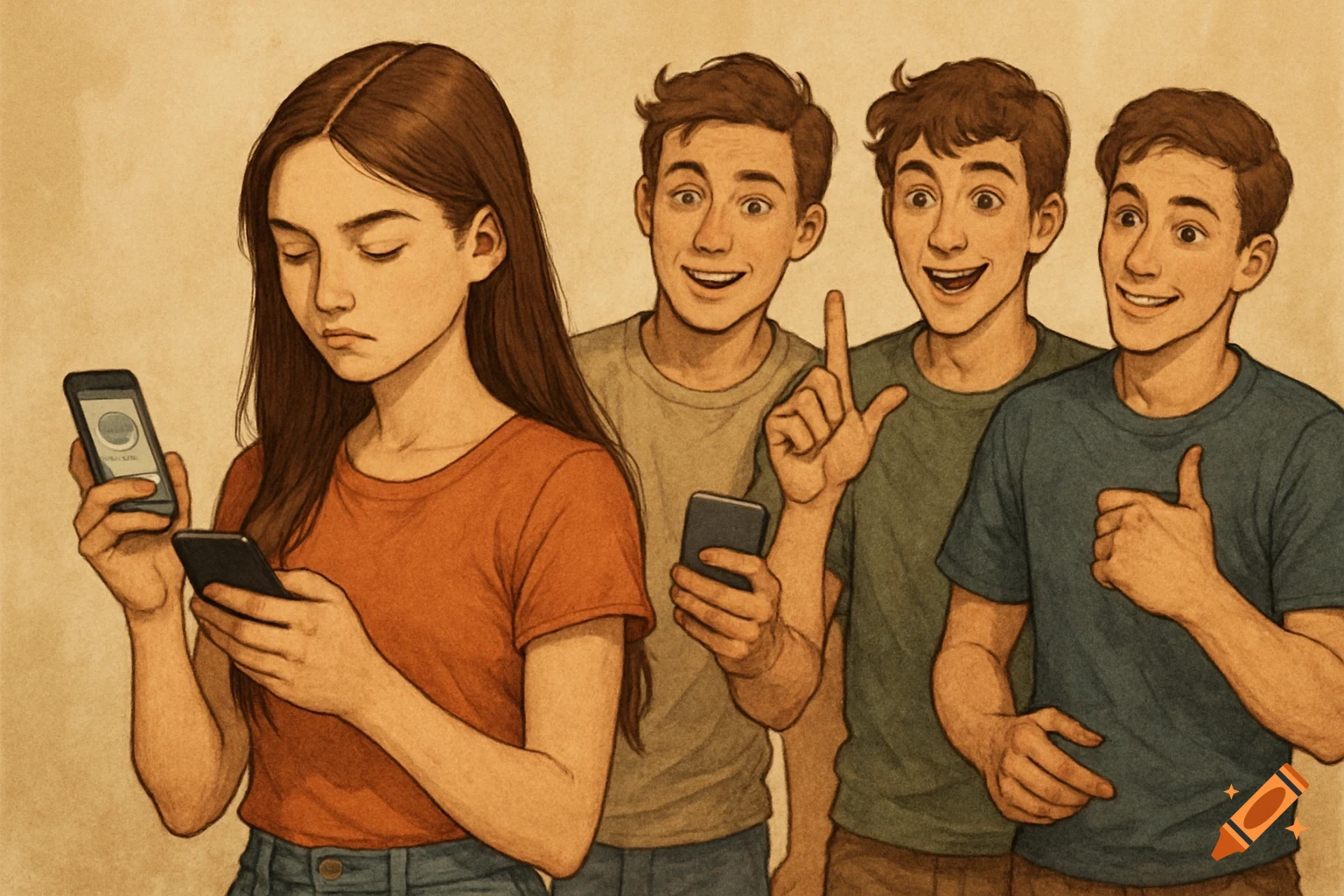 A girl is looking at her phone while three guys look at her