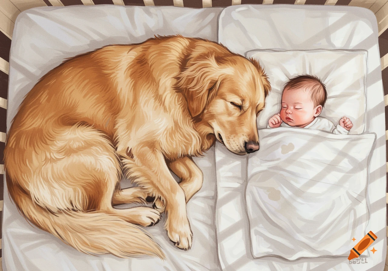 A golden retriever dog sleeping next to a baby in a crib.