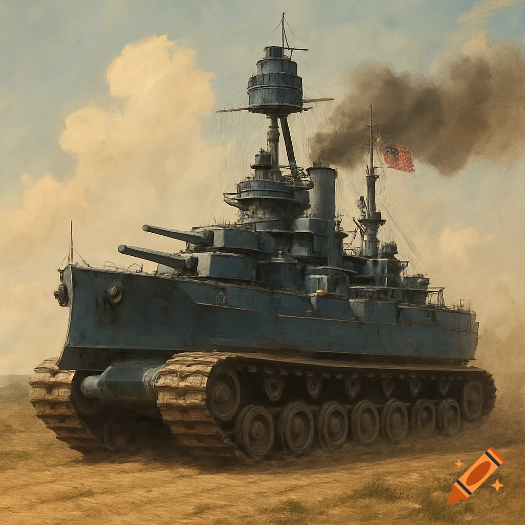A battleship hull on tank treads is moving through a dusty field.