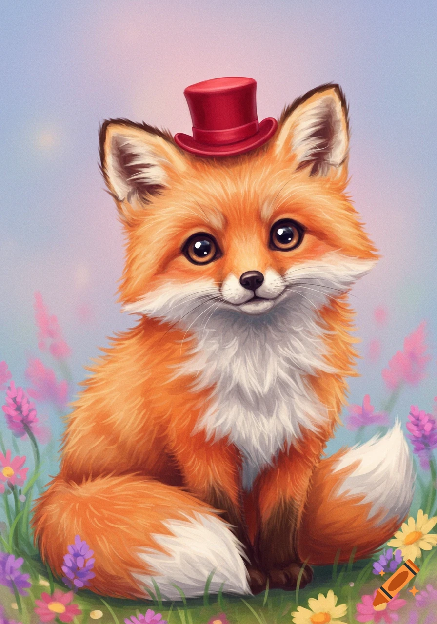 A cute fox wearing a red top hat sits in a field of colorful flowers.